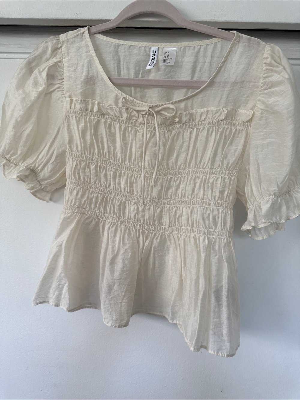 H&M Cream Smocked Puff-Sleeve Peasant Blouse
